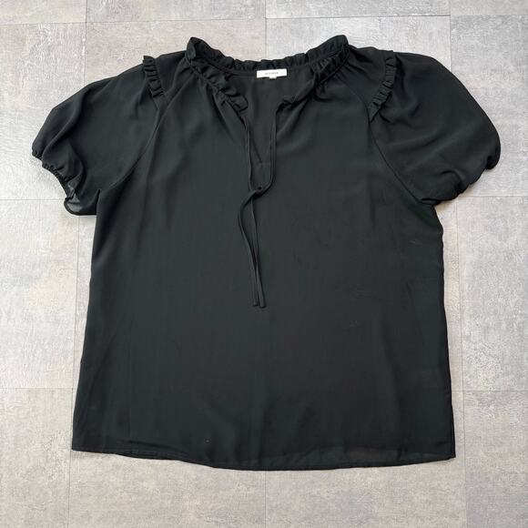 Pleione Black Chiffon Blouse Top Womens XL Ruffle Collar Tie Front Short Sleeve - Picture 12 of 12